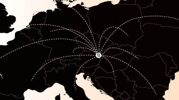 Eine Landkarte zeigt ausgehend von Wien Reiserouten in verschiedene europäische Länder