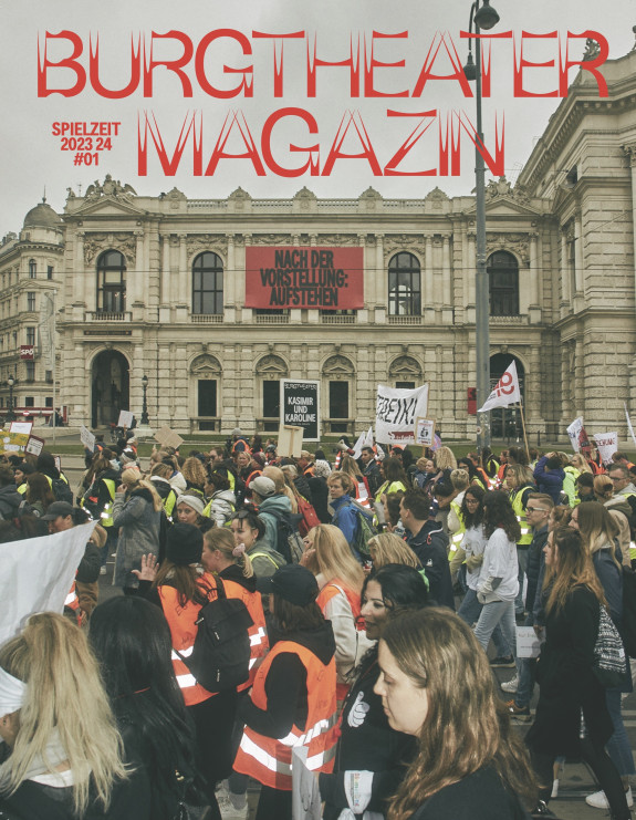 Coverseite des Burgtheater-Magazins mit dem Titel „NACH DER VORSTELLUNG: AUFSTEHEN“.