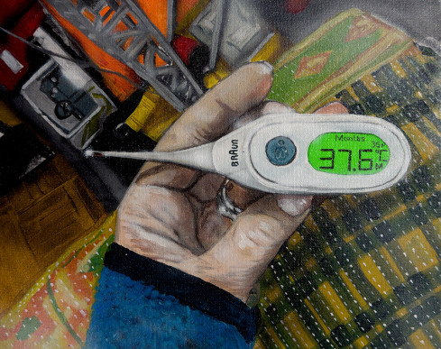 Malerei mit Acrylfarben: eine Hand hält ein digitales Fieberthermometer, das Display zeigt die Temperatur 37,6 °C  an.  