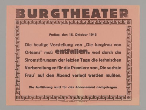 Abb. 11 / Theaterzettel mit Anzeige einer wegen Stromausfall abgesagten Vorstellung, 1946