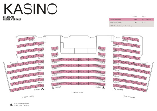 Saalplan der Spielstätte Kasino: rote Einfärbung der verfügbaren Sitzplätze auf einer Tribüne mit 9 Reihen, die Rollstuhlplätze sind extra ausgezeichnet.