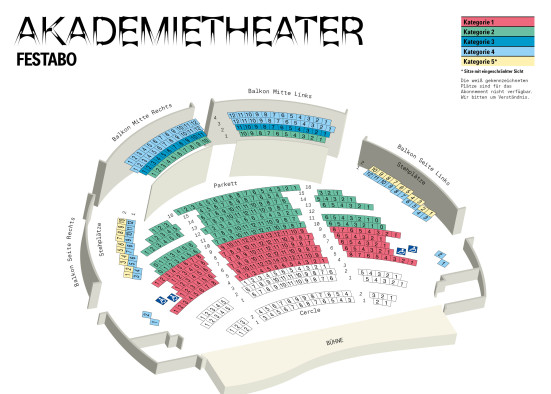Saalplan des Akademietheater fürs Festabonnement mit farblicher Hinterlegung der einzelnen Preiskategorien