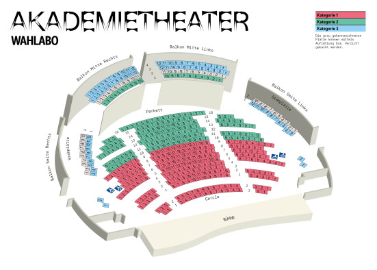 Saalplan des Akademietheater fürs Wahlabonnement mit farblicher Hinterlegung der einzelnen Preiskategorien