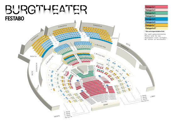Saalplan des Burgtheaters fürs Festabonnement mit farblicher Hinterlegung der einzelnen Preiskategorien