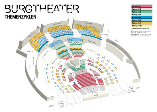 Saalplan des Burgtheaters für die Themenzyklen mit farblicher Hinterlegung der einzelnen Preiskategorien