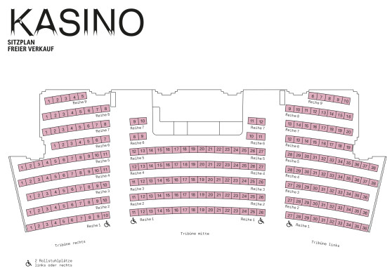Saalplan der Spielstätte Kasino am Schwarzenbergplatz mit farbiger Hinterlegung der Sitzplätze
