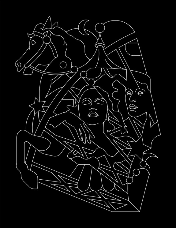 Weiße Illustrationen zu den Themen von Kasimir und Karoline auf schwarzem Hintergrund