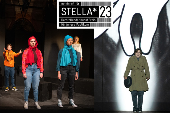 Collage von Szenenfotos aus DSCHABBER und MEHR ALS ALLES AUF DER WELT mit dem Stella Logo